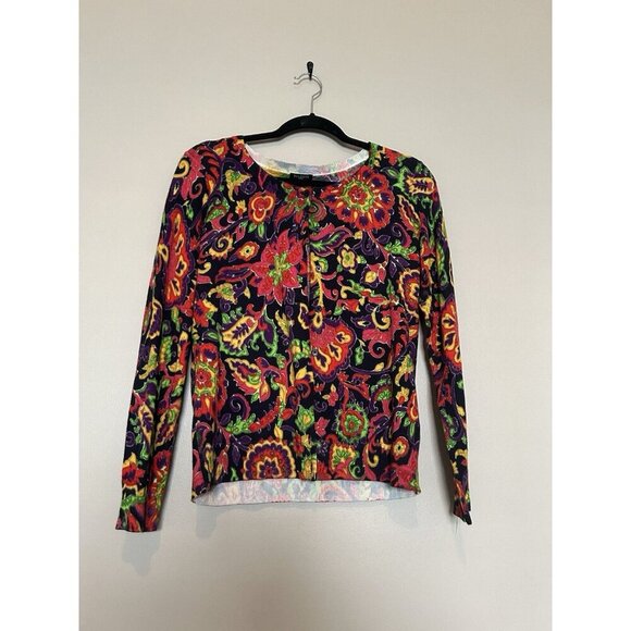 Talbots Floral Round Neck Long Sleeve Button Cotton Blend Cardigan Sweater M - Picture 1 of 5